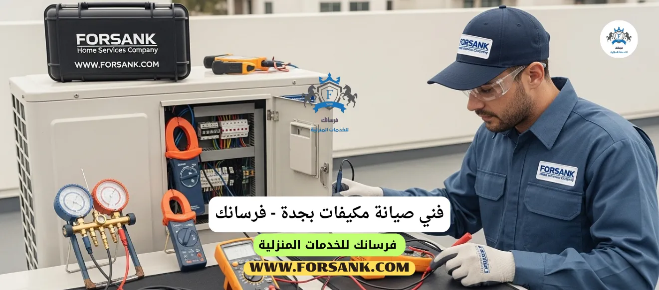فني خبير من فرسانك بجدة يستخدم أدوات دقيقة لتشخيص عطل في مكيف سبليت